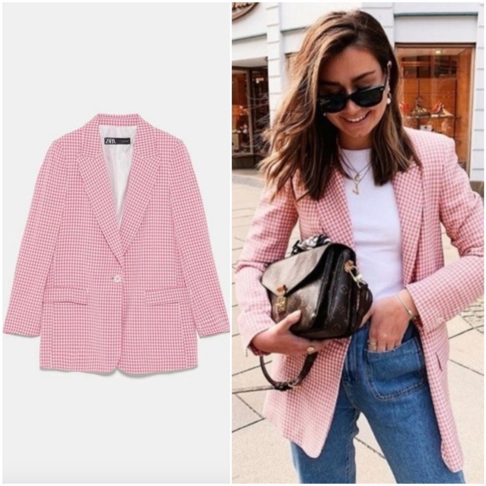Zara pink gingham check blazer XS long one button shoulder pads white blogger's